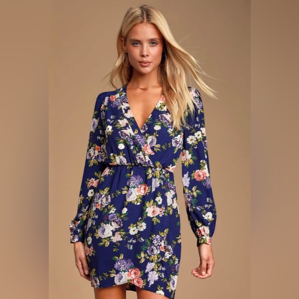 Honey Punch That's a Wrap Navy Blue Floral Print Dress